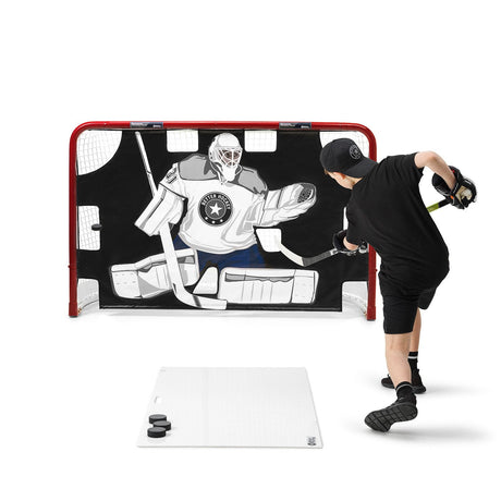 Extreme Better Hockey Pro Goalie shooting tarp mounted on a full-size hockey goal