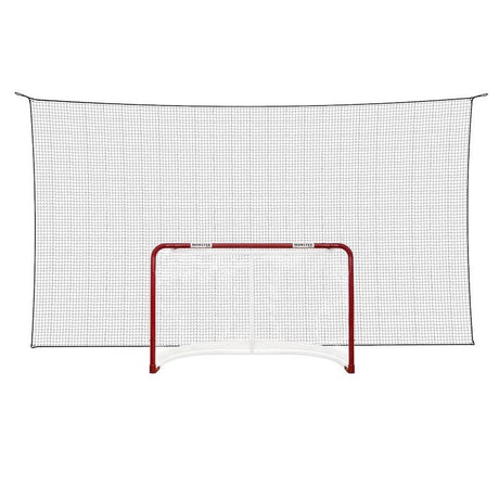 Full-size regulation hockey goal with backstop net installed behind it for a home shooting setup