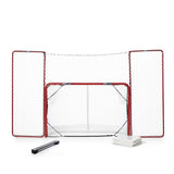 Skottramp med målburen och skyddsnät, perfekt för att träna hockeyskott på plastis golv.