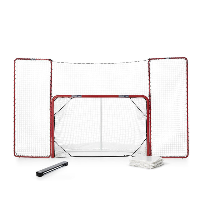 Skottramp med målburen och skyddsnät, perfekt för att träna hockeyskott på plastis golv.