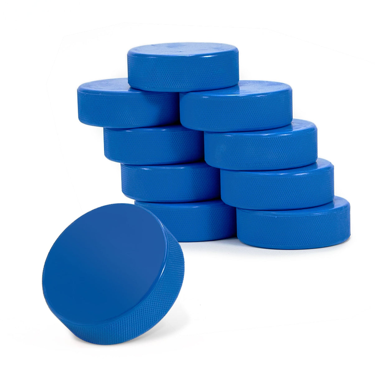 Blå hockeypuckar i 10-pack, lätta och perfekta för unga spelare som tränar teknik och skottstyrka.