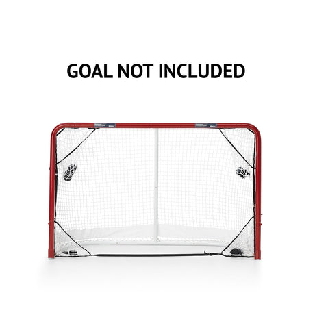 Röd hockeymål med nät, påminnelse om att målbur ej ingår, perfekt för träning med skottavlor och shooting targets.