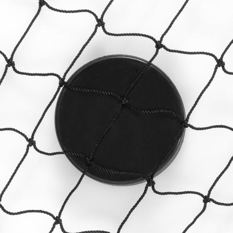 Svart hockeypuck fast i ett slitstarkt nylon skyddsnät, perfekt för att fånga hårda skott under träning.