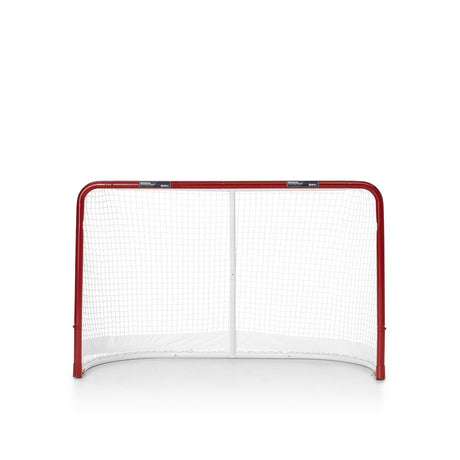 Extreme Hockey Goal Pro Steel med röd ram och vit nät, designad för att motstå hög hastighetsskjutningar och enkel förvaring.