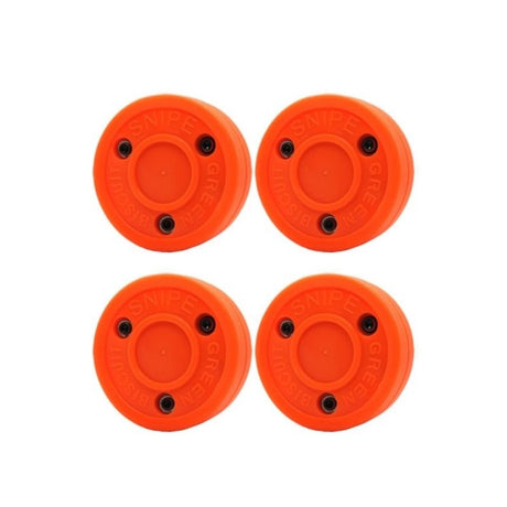 Fyrpack Green Biscuit Snipe orange puck, perfekta för klubbteknik hockey övningar på släta ytor.